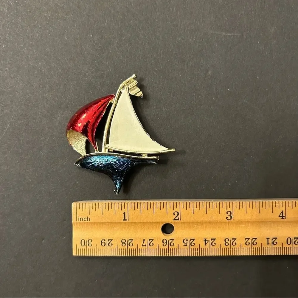 Vintage Nautical Sailboat Gold Toned Brooch in Red, White and Blue